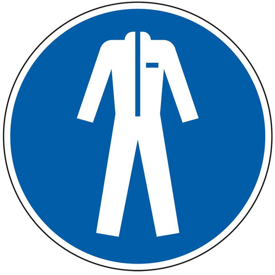 Gebotsschild Schutzkleidung benutzen, Folie, selbstklebend, Ø 100mm, ASR A1.3, DIN EN ISO 7010 M010