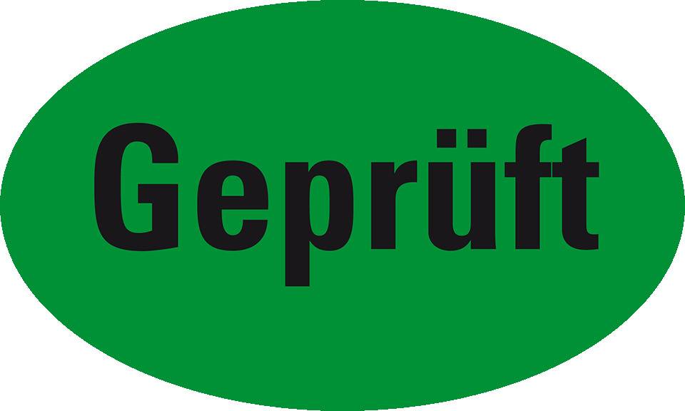 Organisationsetikett Geprüft, oval, grün, Haftpapier, ablösbar, 90x53mm, 500/Rolle