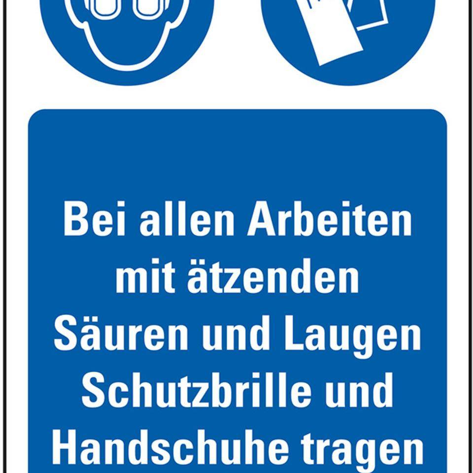 Gebots-Kombischild Arbeiten mit Säuren und Laugen, Kunststoff, 200x300mm, ASR A1.3, DIN EN ISO 7010