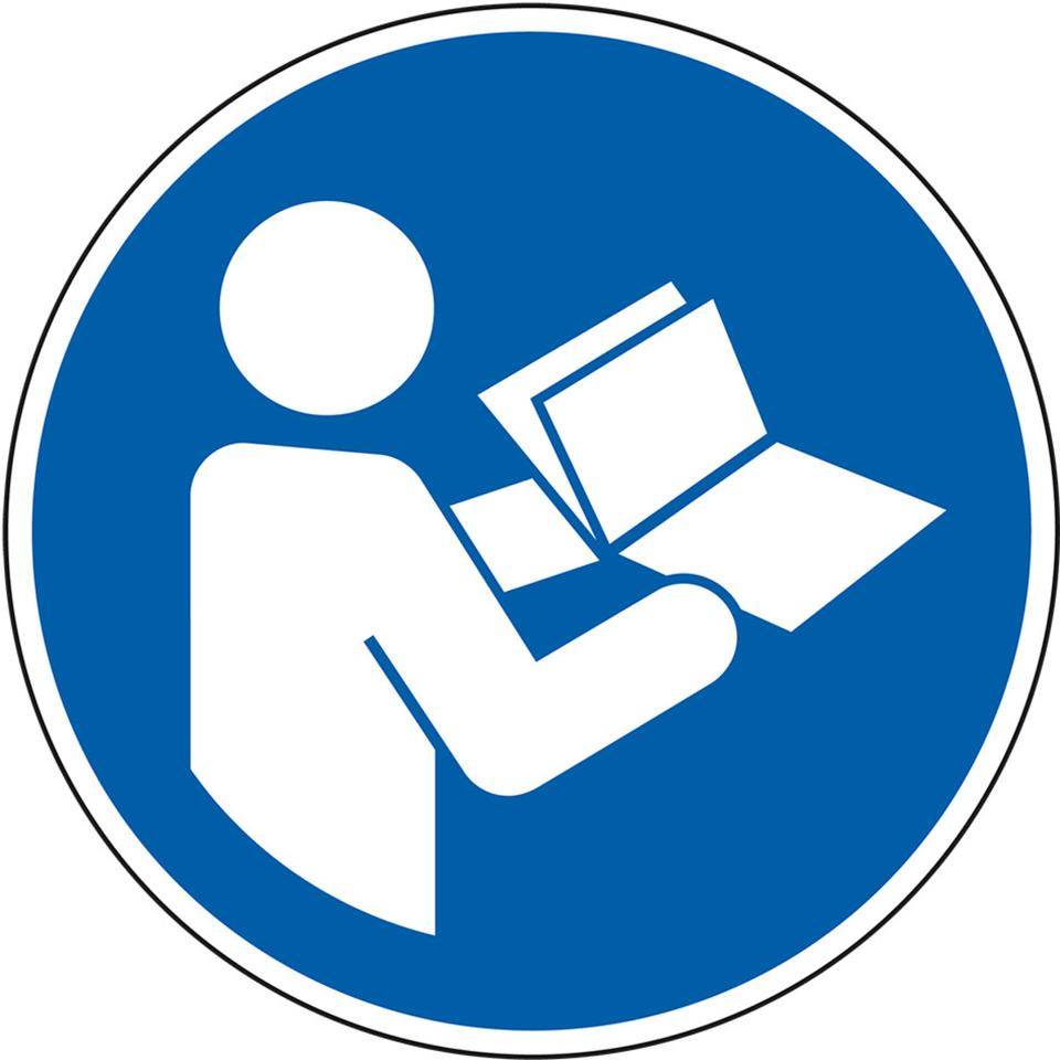 Gebotsschild Anleitung beachten, Folie, selbstklebend, Ø 100mm, DIN EN ISO 7010 M002