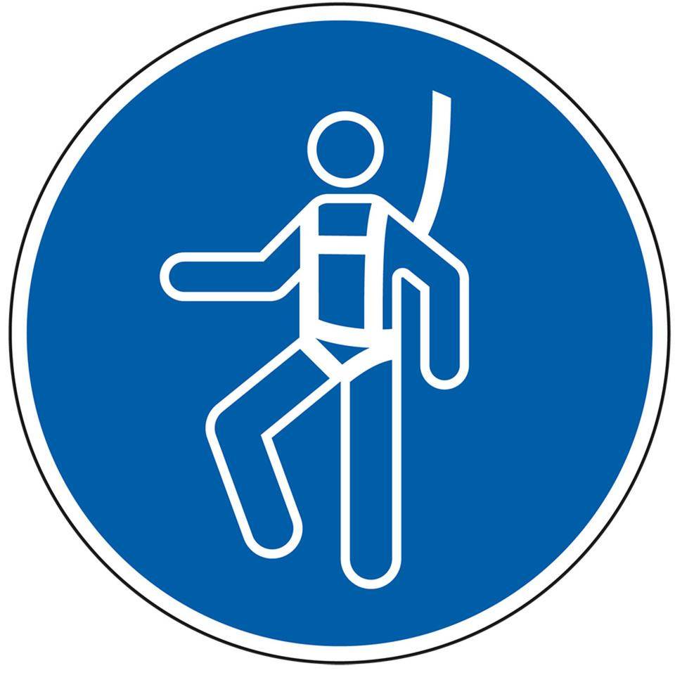 Gebotsschild Auffanggurt benutzen, Folie, selbstklebend, Ø 100mm, ASR A1.3, DIN EN ISO 7010 M018