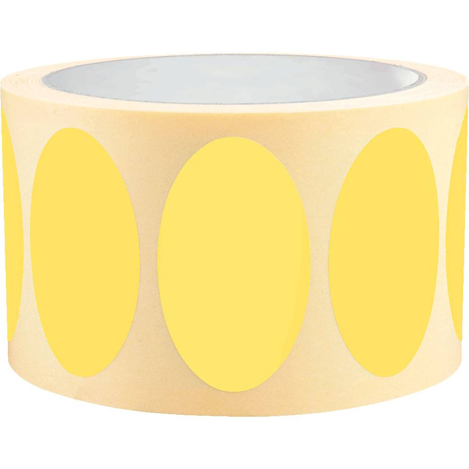 Etikett, beschriftbar, oval, gelb, Haftpapier, ablösbar, 90x53mm, 500/Rolle