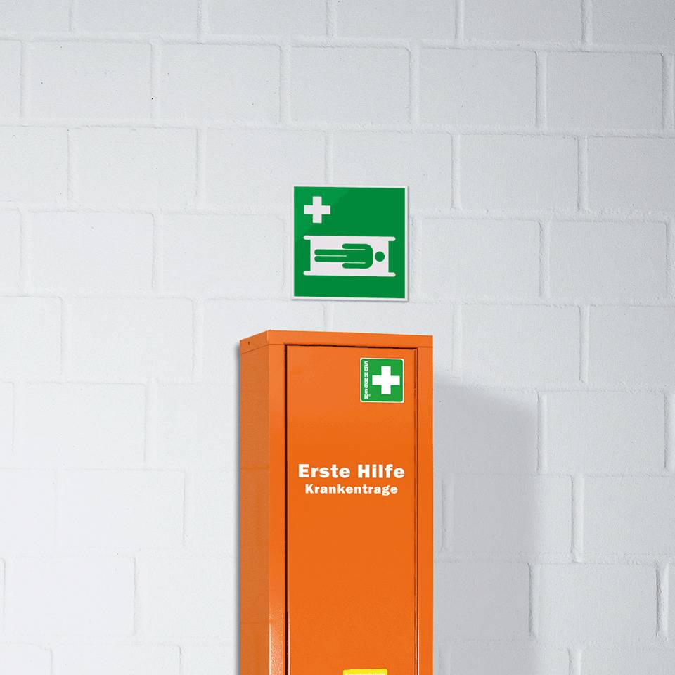 Rettungszeichen Krankentrage, Folie, selbstklebend, 200x200mm, ASR A1.3, DIN EN ISO 7010 E013