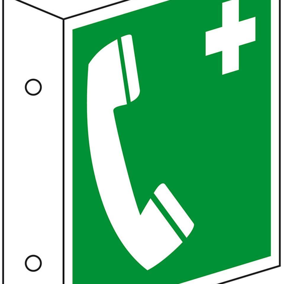 Rettungs-Fahnenschild Notruftelefon, doppelseitig, Kunststoff, 200x200mm, ASR A1.3, DIN EN ISO 7010 E004