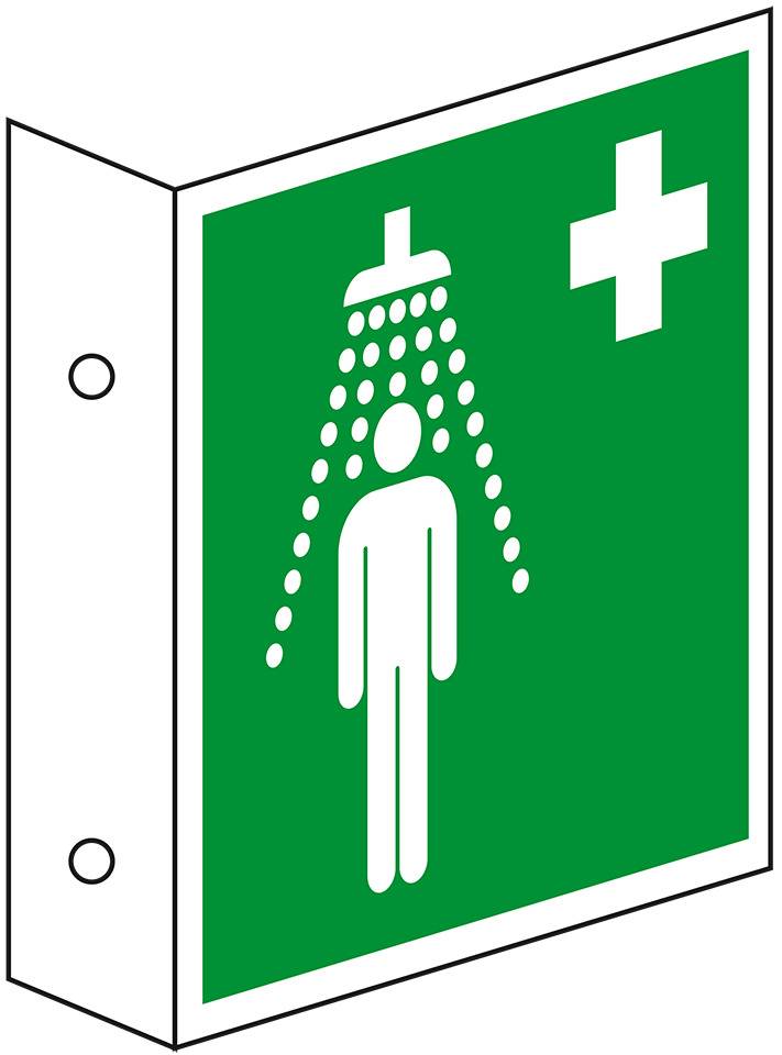 Rettungs-Fahnenschild Notdusche, Kunststoff, 200x200mm, ASR A1.3, DIN EN ISO 7010/E012