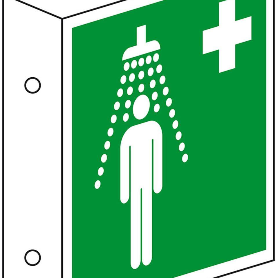 Rettungs-Fahnenschild Notdusche, Kunststoff, 200x200mm, ASR A1.3, DIN EN ISO 7010/E012