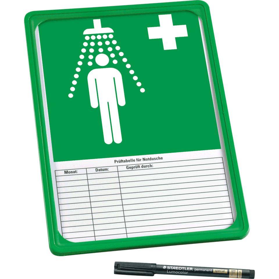 Prüftabellen-Set für Körperduschen, 5 Prüftafeln, 1 Rahmen grün,1 Faserschreiber
