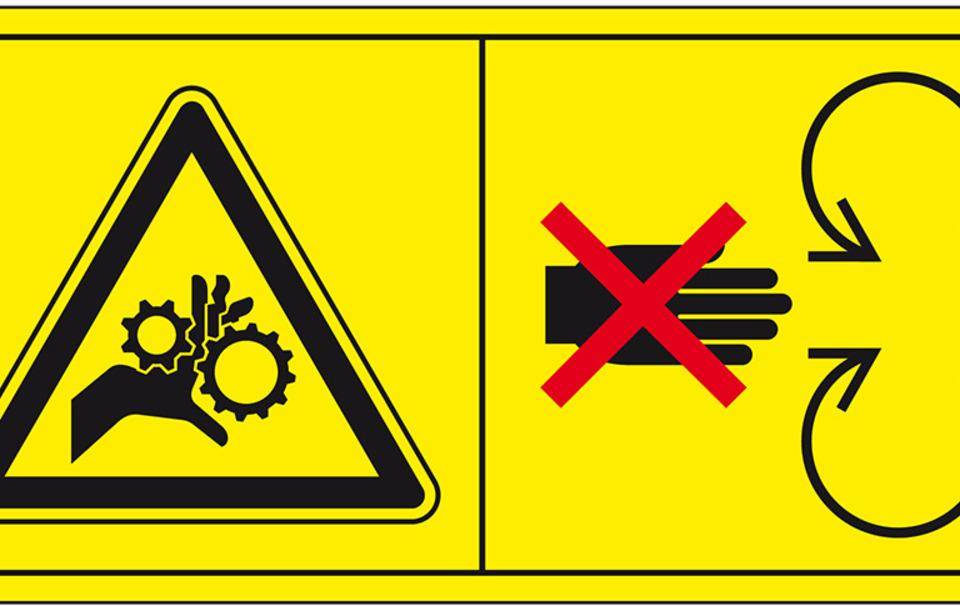Hinweisschild Nicht öffnen...Motor läuft, ISO 11684, gelb/schwarz, Folie, 100x50mm