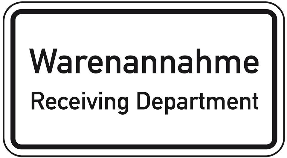 Hinweisschild 2-spr. Warenannahme Receiving Dep., Aluminium RA0, reflektierend, 600x330mm, DIN 67520