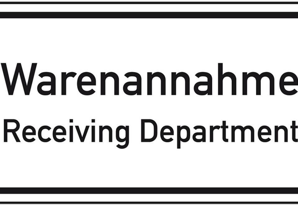 Hinweisschild 2-spr. Warenannahme Receiving Dep., Aluminium RA0,reflektierend, 600x330mm, DIN 67520