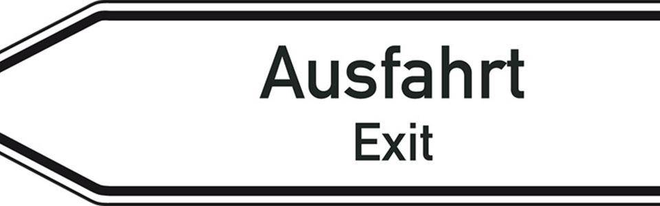 Wegweiser Ausfahrt/Exit, 2-sprachig, linksweisend, Aluminium RA0, 1400x350mm, DIN 67520