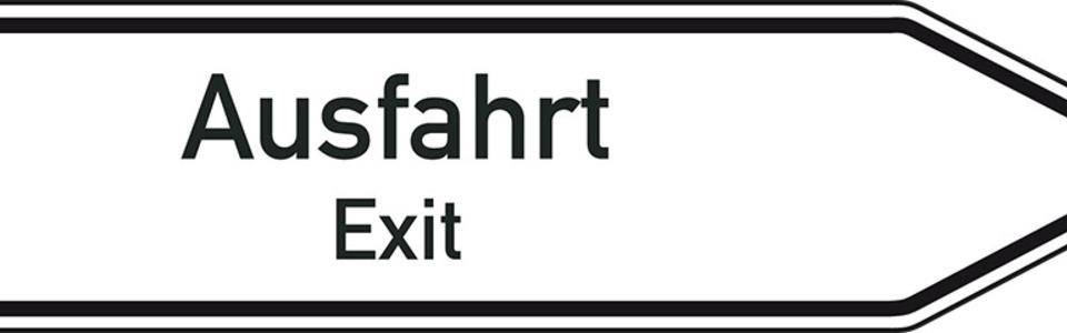 Wegweiser Ausfahrt/Exit, 2-sprachig, rechtsweisend, Aluminium RA0, 1400x350mm, DIN 67520