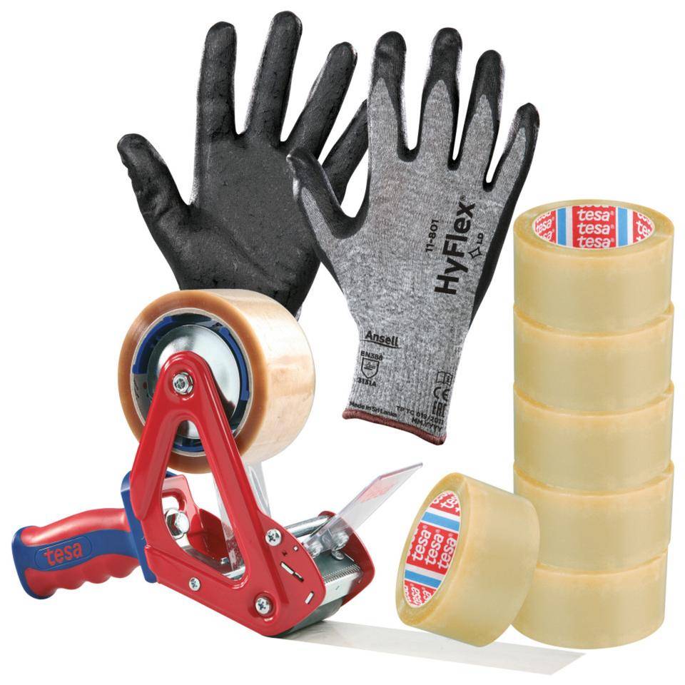 Vorteils-Set Grundausrüstung Versand, Abroller, Klebeband, Handschuhe, Gr. 10