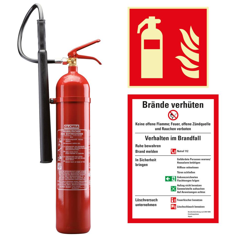 Vorteils-Set Feuerlöscher 2, Feuerlöscher KS5ST, Aushang Brände, Brandschutzzeichen