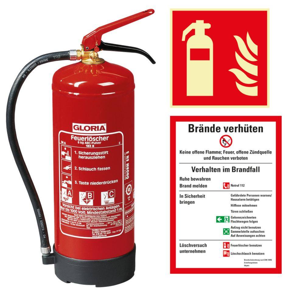Vorteils-Set Feuerlöscher 4, Feuerlöscher PD6GA, Aushang Brände,Brandschutzzeichen