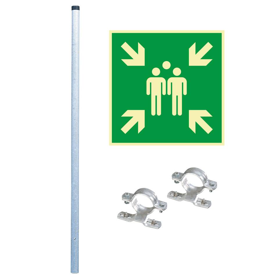 Vorteils-Set Sammelplatz PERMALIGHT® power langnachleuchtend, Rettungszeichen, Rohrpfosten, -schelle