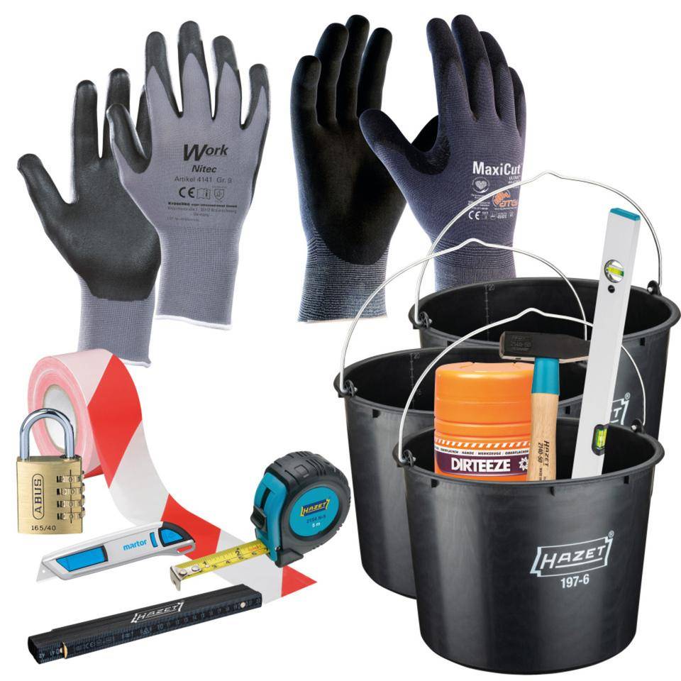 XXL Handwerker-Vorteils-Set, Bandmaß, Eimer, Schloss, Absperrband, Messer, Handsch.Gr.10