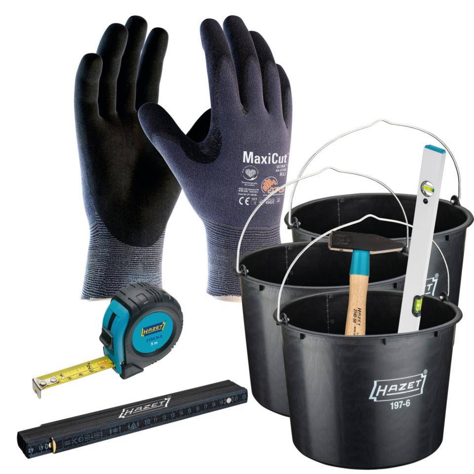 Kleines Handwerker-Vorteils-Set, Zollstock, Rollmaß, Hammer, Baueimer, Handschuh Gr. 10