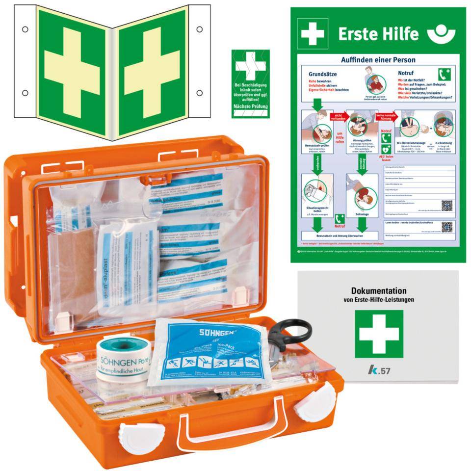 Vorteils-Set Erste-Hilfe-Koffer Junior, Rettungszeichen PERMALIGHT® power, Aushang, Verbandblock