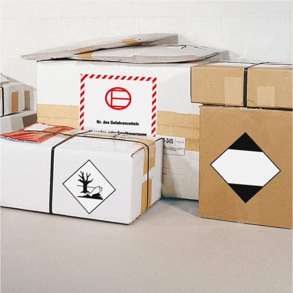 Verpackungskennzeichen Umweltgefährdende Stoffe, seewasserbeständig, 100x100mm, 500/Rolle, IMDG-Code, GGVSEB, ADR, IATA