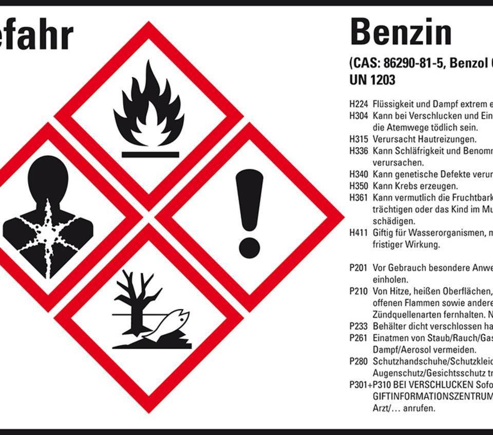 Gefahrstoffetikett Benzin UN 1203, GefStoffV/GHS/CLP, 105x74mm, 8/Bogen
