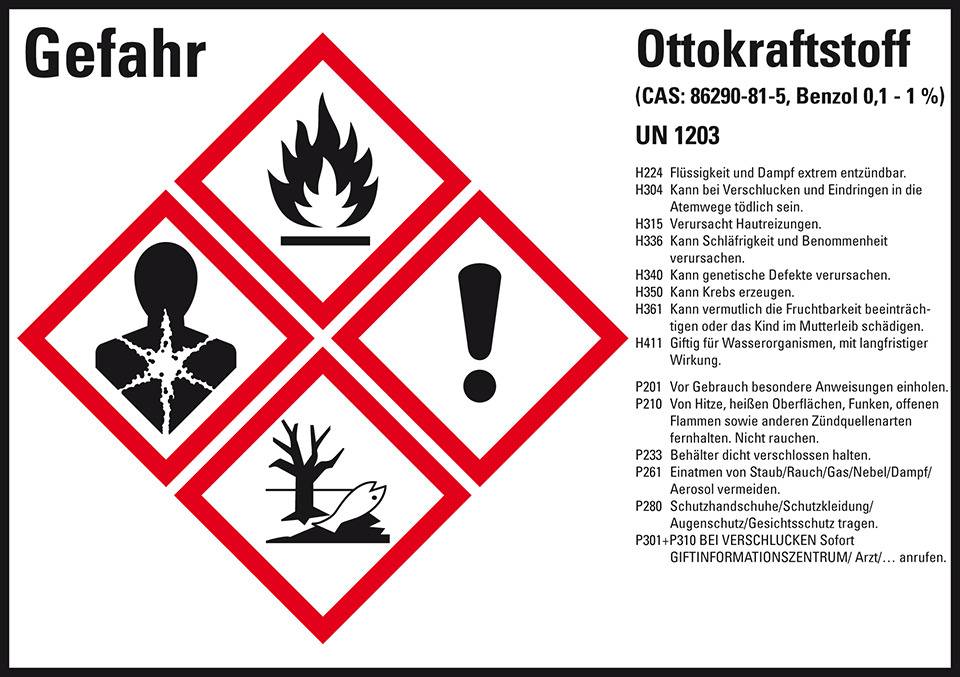 Gefahrstoffetikett Ottokraftstoff UN 1203, GefStoffV/GHS/CLP, 148x105mm, 4/Bogen