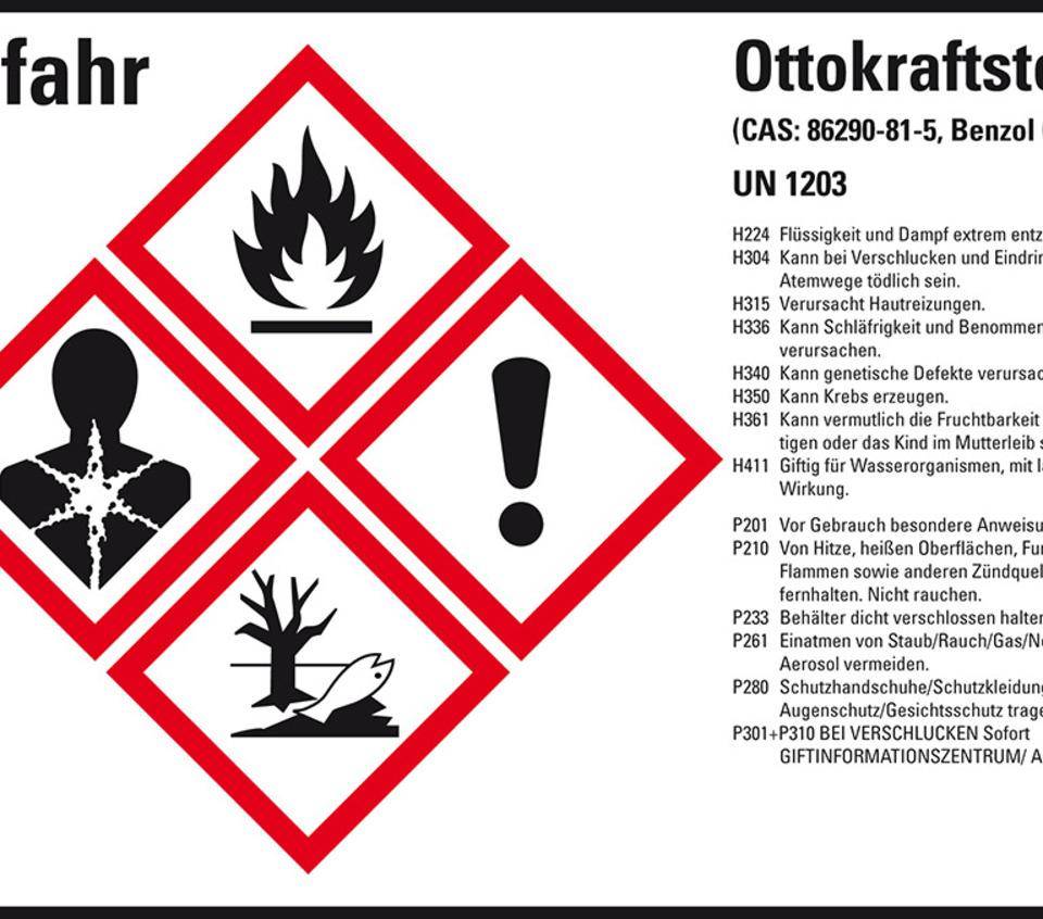 Gefahrstoffetikett Ottokraftstoff UN 1203, GefStoffV/GHS/CLP, 105x74mm, 8/Bogen