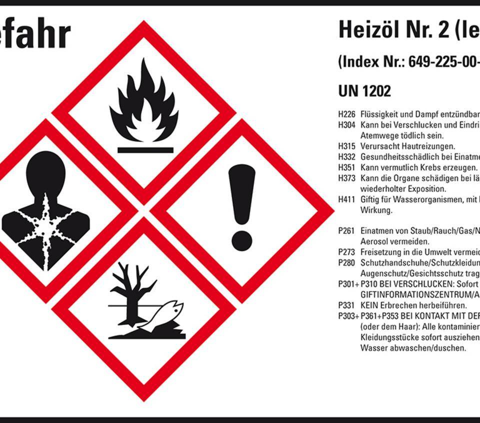 Gefahrstoffetikett Heizöl leicht UN 1202, GefStoffV/GHS/CLP, 148x105mm, 4/Bogen