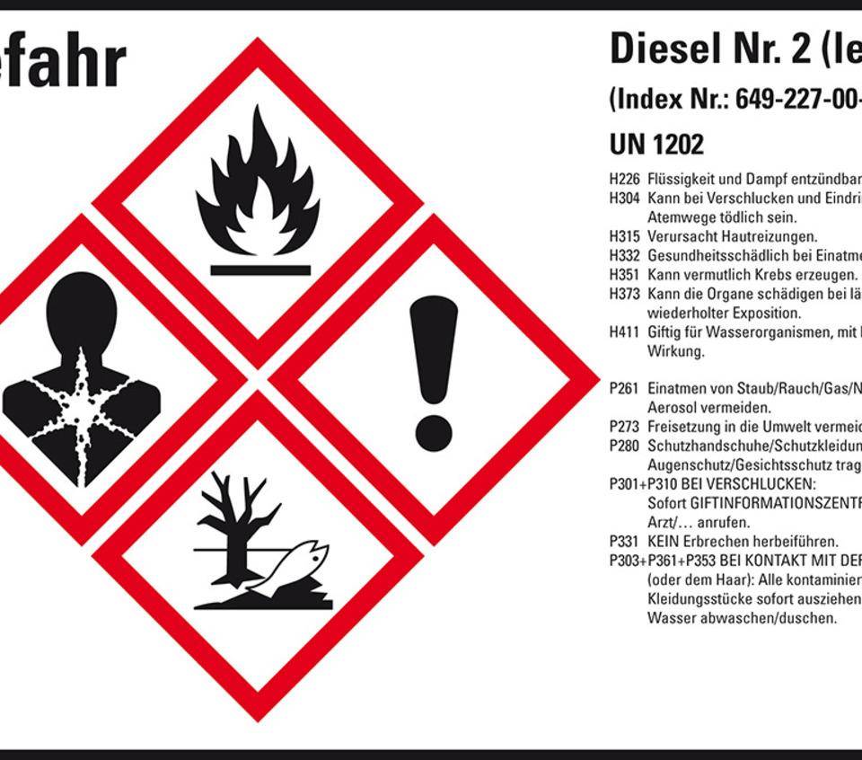 Gefahrstoffetikett Diesel leicht UN 1202, GefStoffV/GHS/CLP, 105x74mm, 8/Bogen