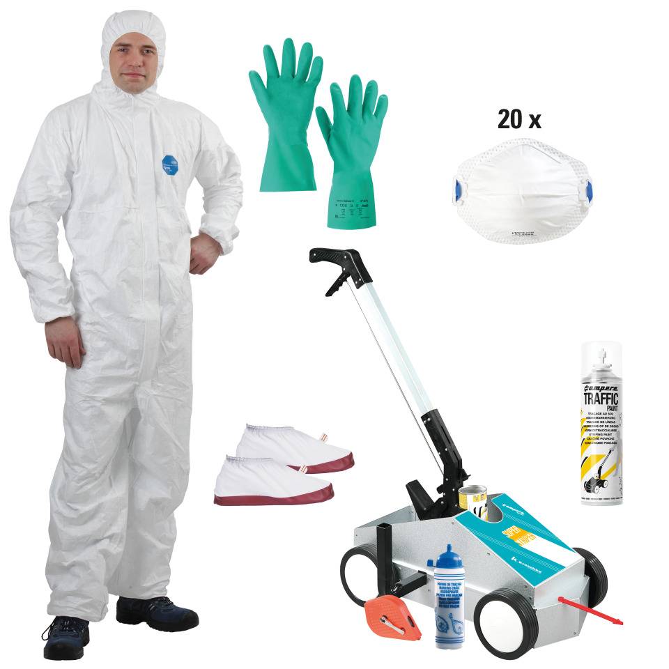 Komplett-Vorteils-Set Bodenmarkierung, Markierungsgerät, Farbe, Maske, Handschuh Gr.10