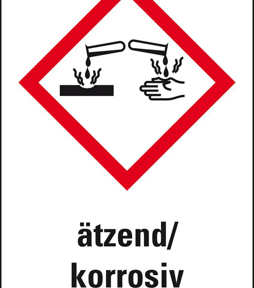 Gefahrensymbol Ätzwirkung GHS 05, ätzend/korrosiv, Folie, 26x37mm, 12/Bogen, GHS-Verordnung