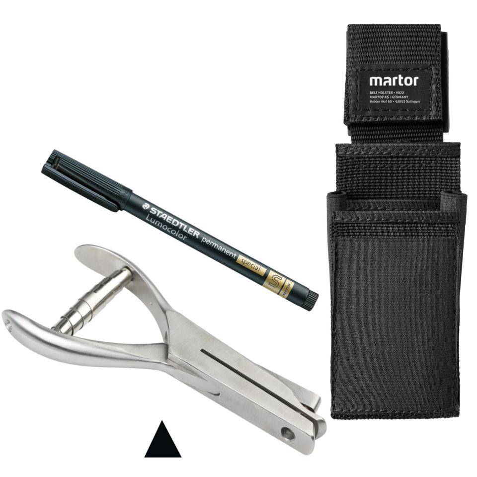 Vorteils-Set zur Prüfplakettenmarkierung, Lochzange, Faserschreiber, Gürteltasche