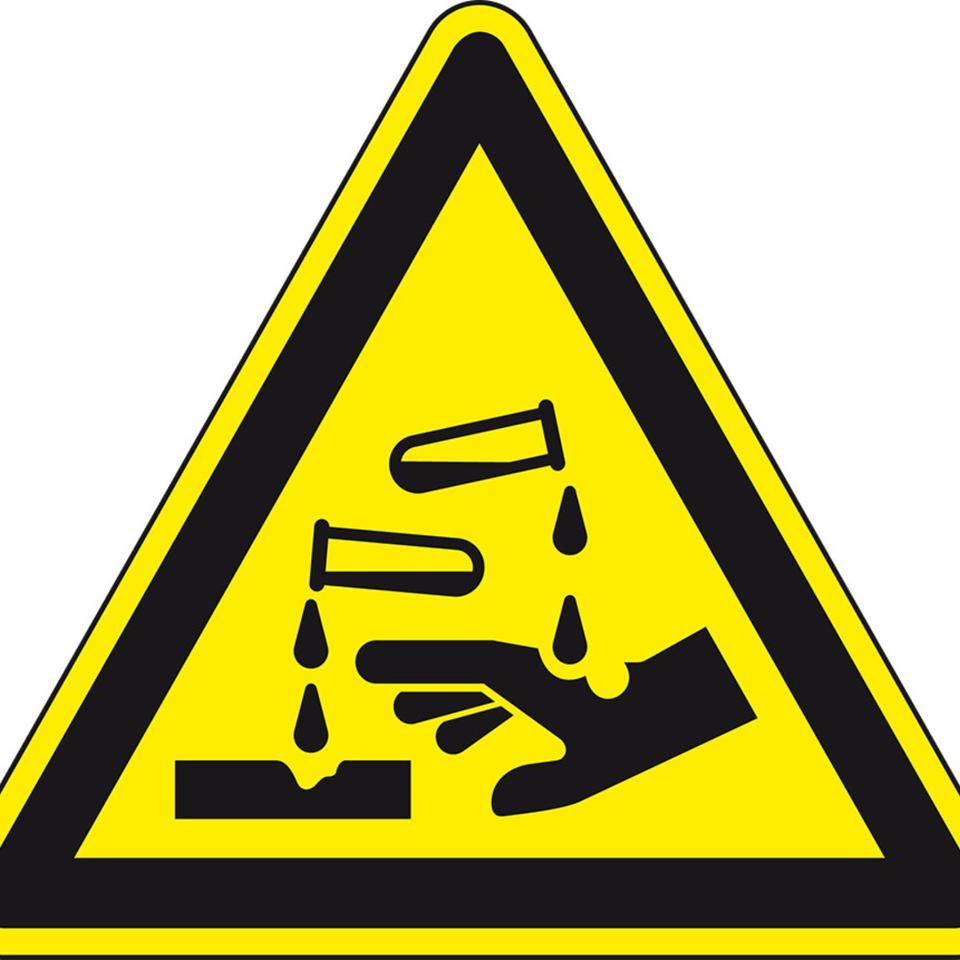 Warnschild Warnung vor ätzenden Stoffen, Folie, SL50mm, 10/Bogen, ASR A1.3, DIN EN ISO 7010 W023
