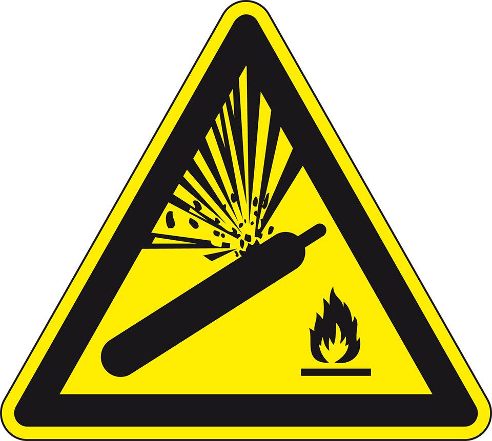 Warnschild Warnung vor Gasflaschen, Folie, selbstklebend, SL 100mm, ASR A1.3, DIN EN ISO 7010 W029