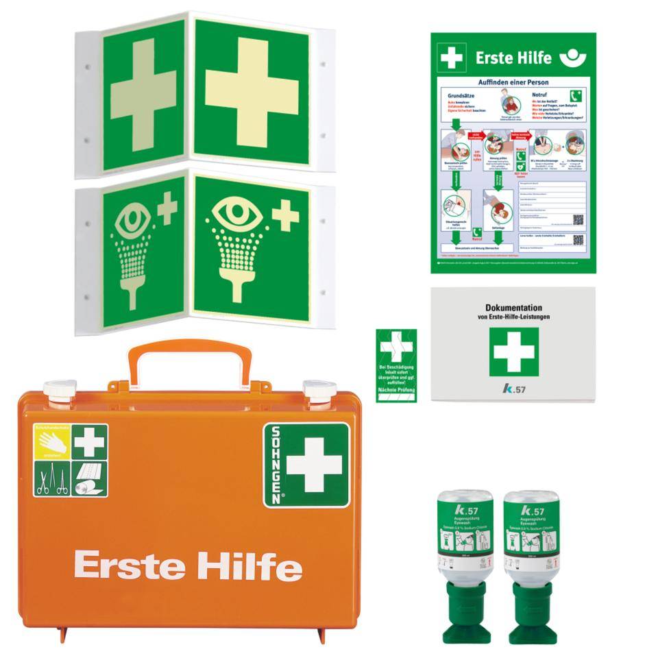 Vorteils-Set Erste-Hilfe-Koffer Junior, K.57 Wandbox mit Augenspülung, Rettungszeichen, Aushang, Verbandblock