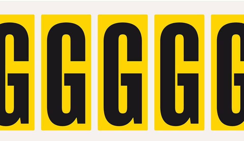 Buchstabe G, gelb/schwarz, Folie, Schrifthöhe 75mm, 38x88mm, 100Stück/VE