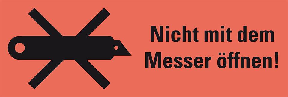 Hinweisetikett Nicht mit dem Messer öffnen, leuchtrot, Haftpapier, permanent, 147x50mm, 250/RO