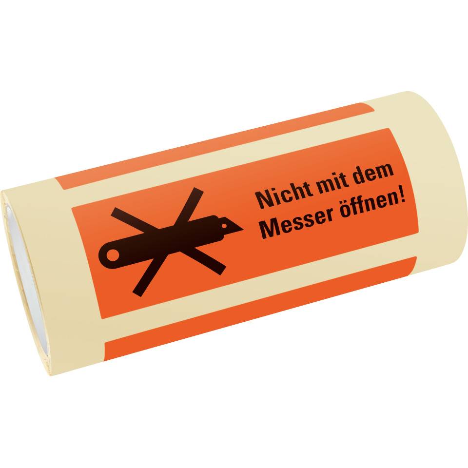 Hinweisetikett Nicht mit dem Messer öffnen, leuchtrot, Haftpapier, permanent, 147x50mm, 250/RO