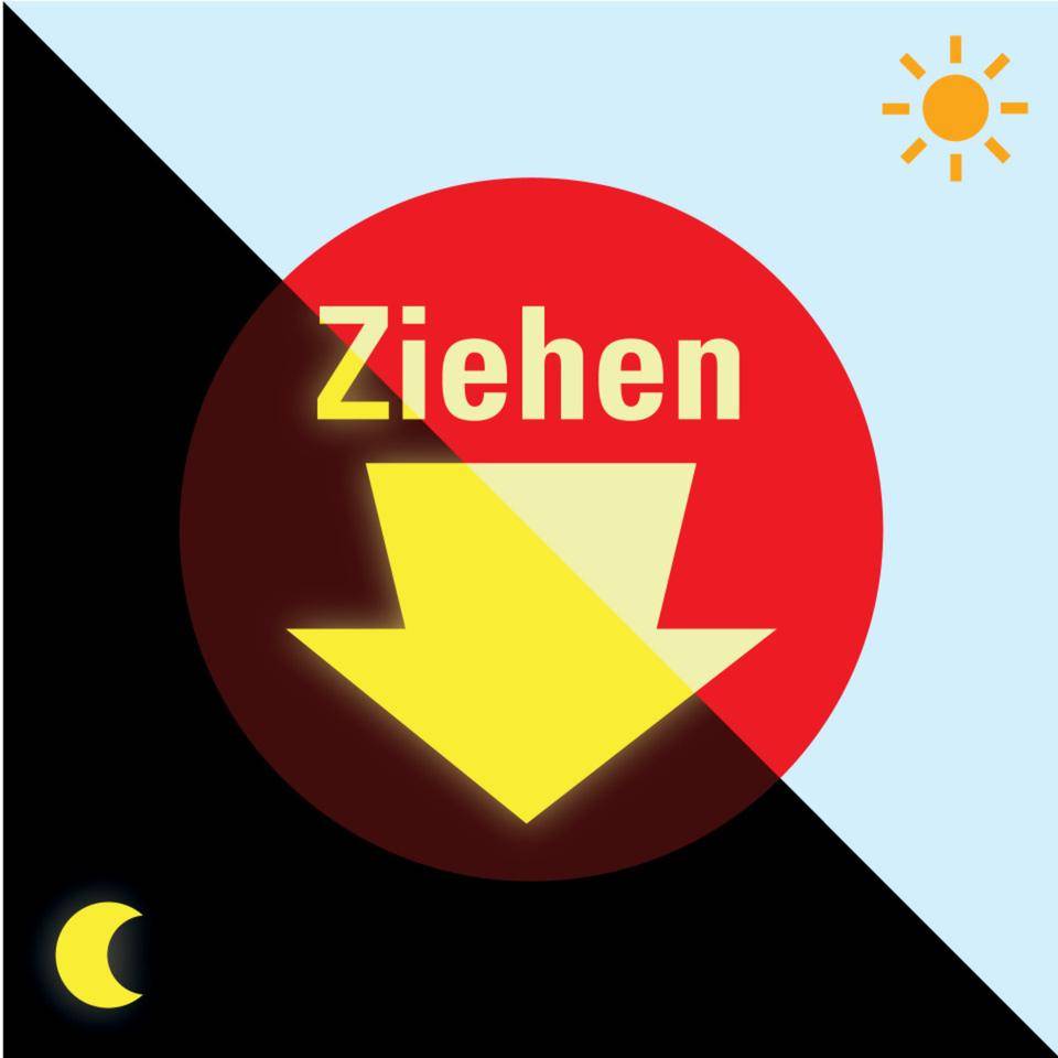 PERMALIGHT® power langnachleuchtend Türhinweis Ziehen mit Pfeil,rot, Folie, selbstklebend, Ø100mm, DIN 67510