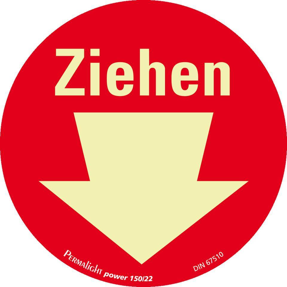 PERMALIGHT® power langnachleuchtend Türhinweis Ziehen mit Pfeil,rot, Folie, selbstklebend, Ø100mm, DIN 67510