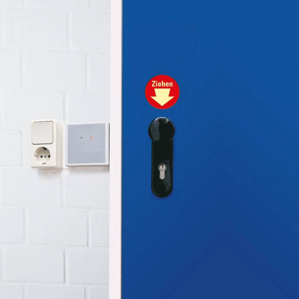 PERMALIGHT® power langnachleuchtend Türhinweis Ziehen mit Pfeil,rot, Folie, selbstklebend, Ø100mm, DIN 67510