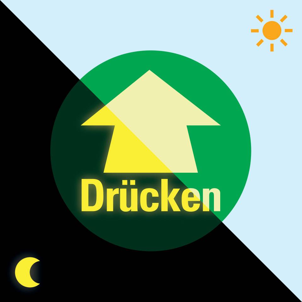 PERMALIGHT® power langnachleuchtend Türhinweis Drücken mit Pfeil, grün, Folie, nachleuchtend, Ø100mm, DIN 67510