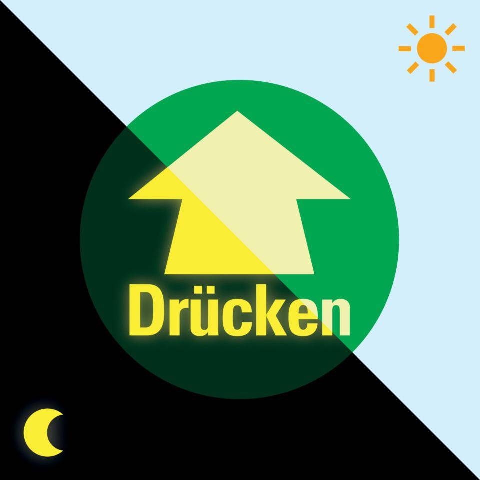 PERMALIGHT® power langnachleuchtend Türhinweis Drücken mit Pfeil, grün, Folie, nachleuchtend, Ø100mm, DIN 67510