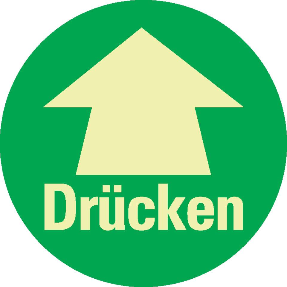 PERMALIGHT® power langnachleuchtend Türhinweis Drücken mit Pfeil, grün, Folie, nachleuchtend, Ø100mm, DIN 67510