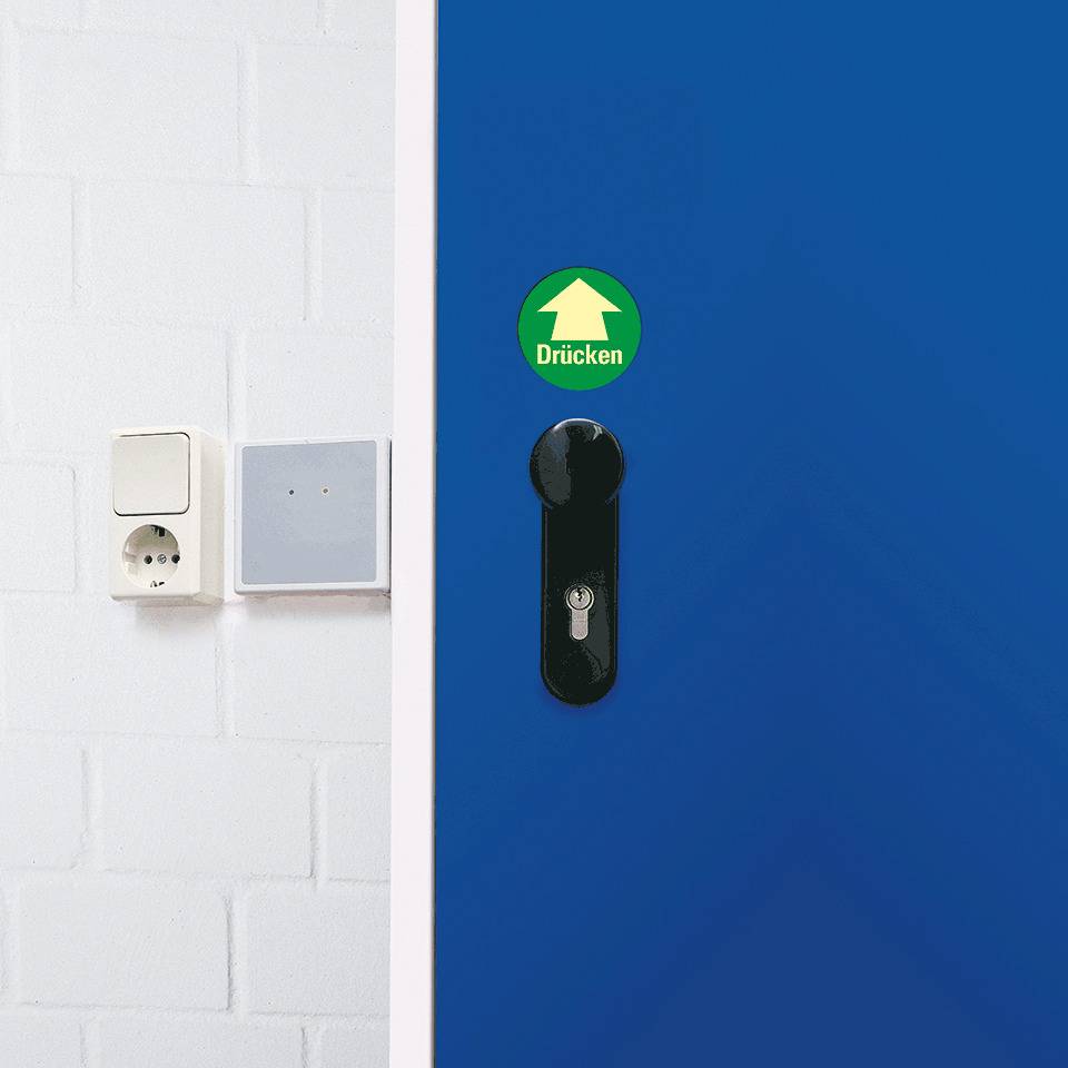 PERMALIGHT® power langnachleuchtend Türhinweis Drücken mit Pfeil, grün, Folie, nachleuchtend, Ø100mm, DIN 67510