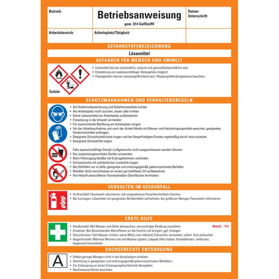Betriebsanweisung Lösemittel, CLP/GHS, Kunststoff, 210x297mm, ASR A1.3, DIN EN ISO 7010