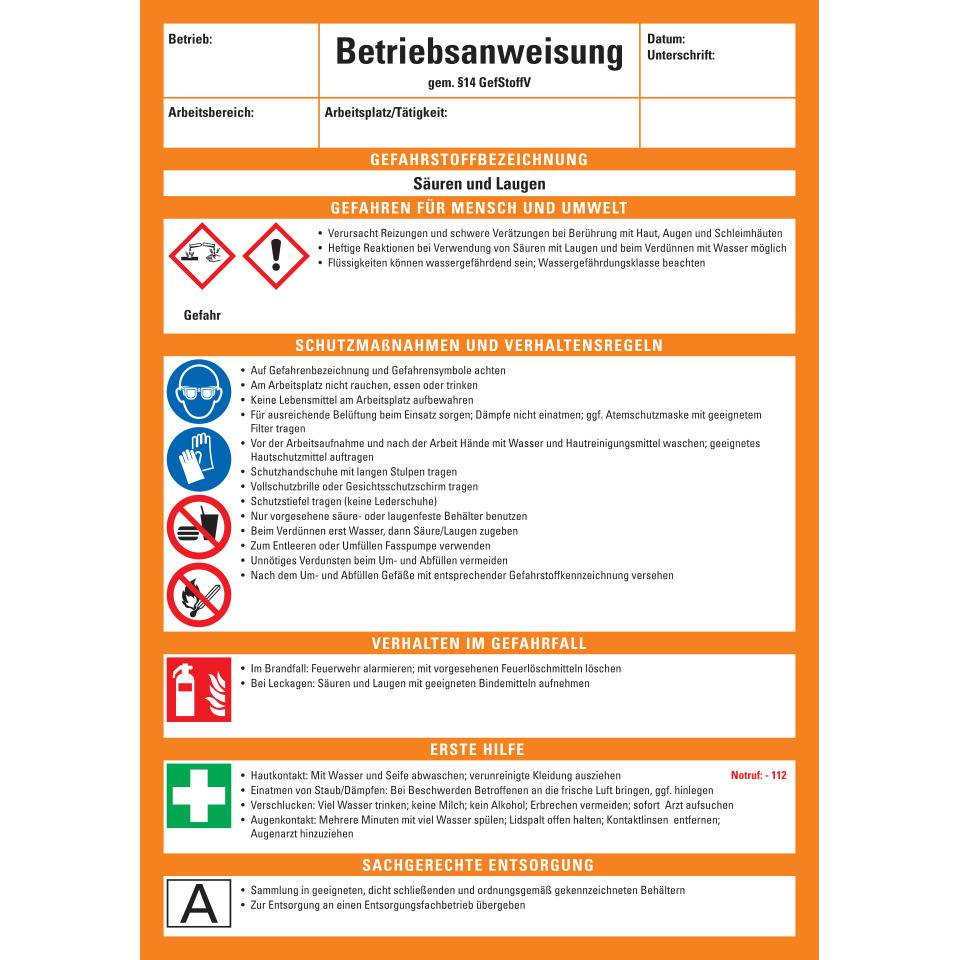 Betriebsanweisung Säuren und Laugen, CLP/GHS, Kunststoff, 210x297mm, ASR A1.3, DIN EN ISO 7010