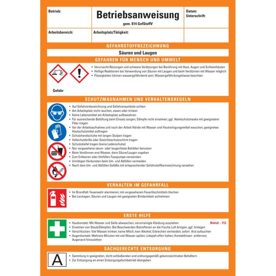 Betriebsanweisung Säuren und Laugen, CLP/GHS, Kunststoff, 210x297mm, ASR A1.3, DIN EN ISO 7010