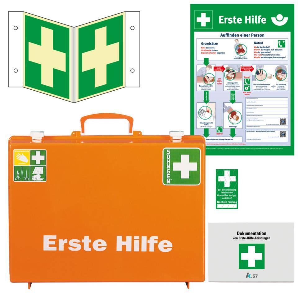 Vorteils-Set Erste-Hilfe-Koffer Senior, Nasenschild PERMALIGHT® power, Aushang, Verbandblock