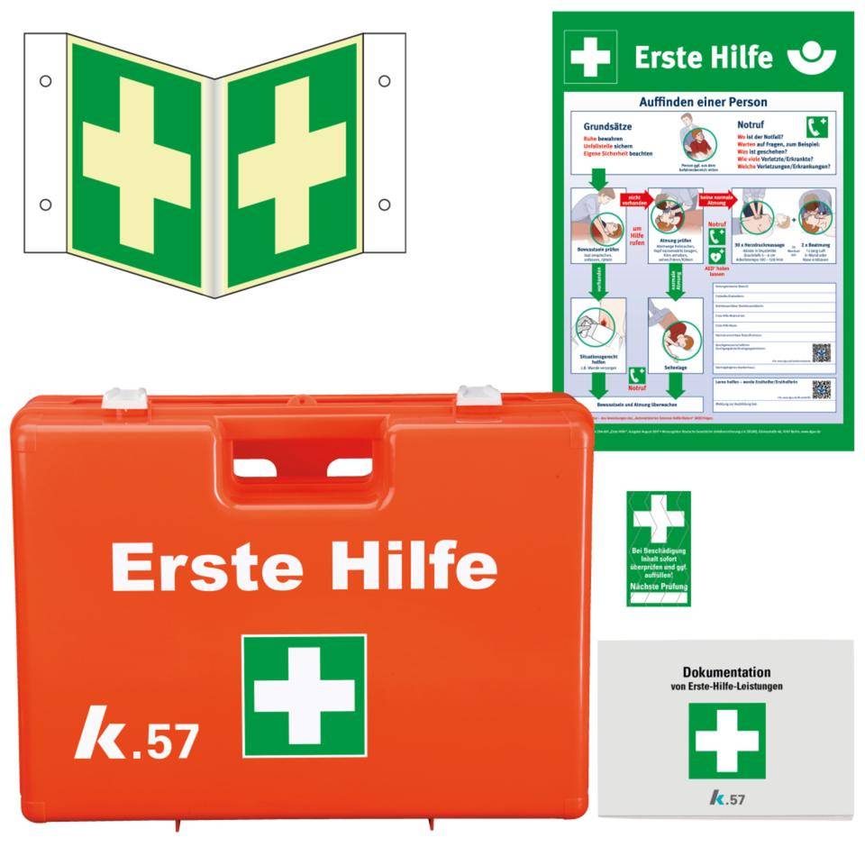 K.57 Vorteils-Set Erste-Hilfe-Koffer Pro, Nasenschild PERMALIGHT® power, Verbandblock, Aushang, Rettungszeichen